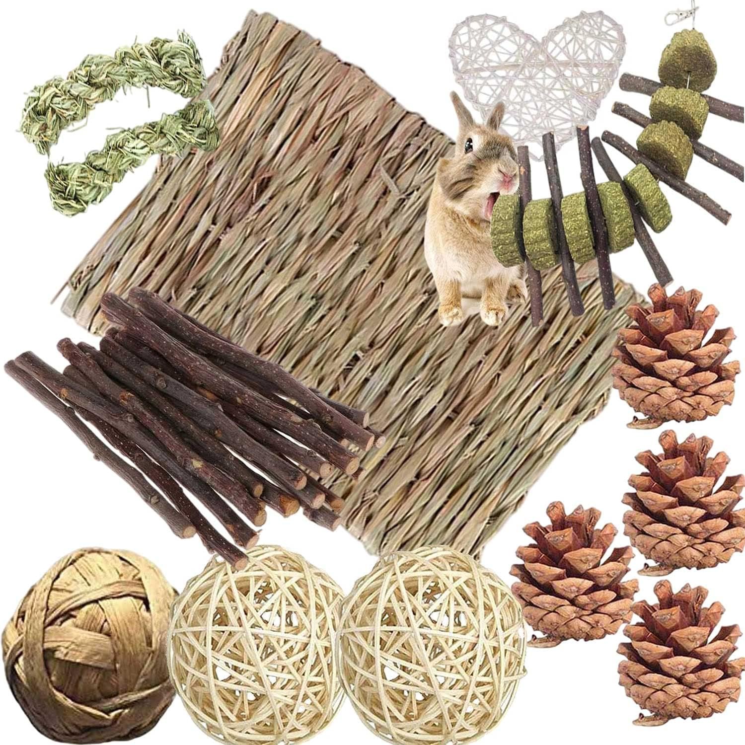 Bunny Hamsters Chew Toys Set, Straw Woven Bed Mat& Rabbit Pet Tooth Organic Natural Apple Wood Grass Cake Ideal for Chinchilla, Guinea Pigs, Syrian Rat,birds,Teeth Grinding&Hámster Conejo(22Pieces)