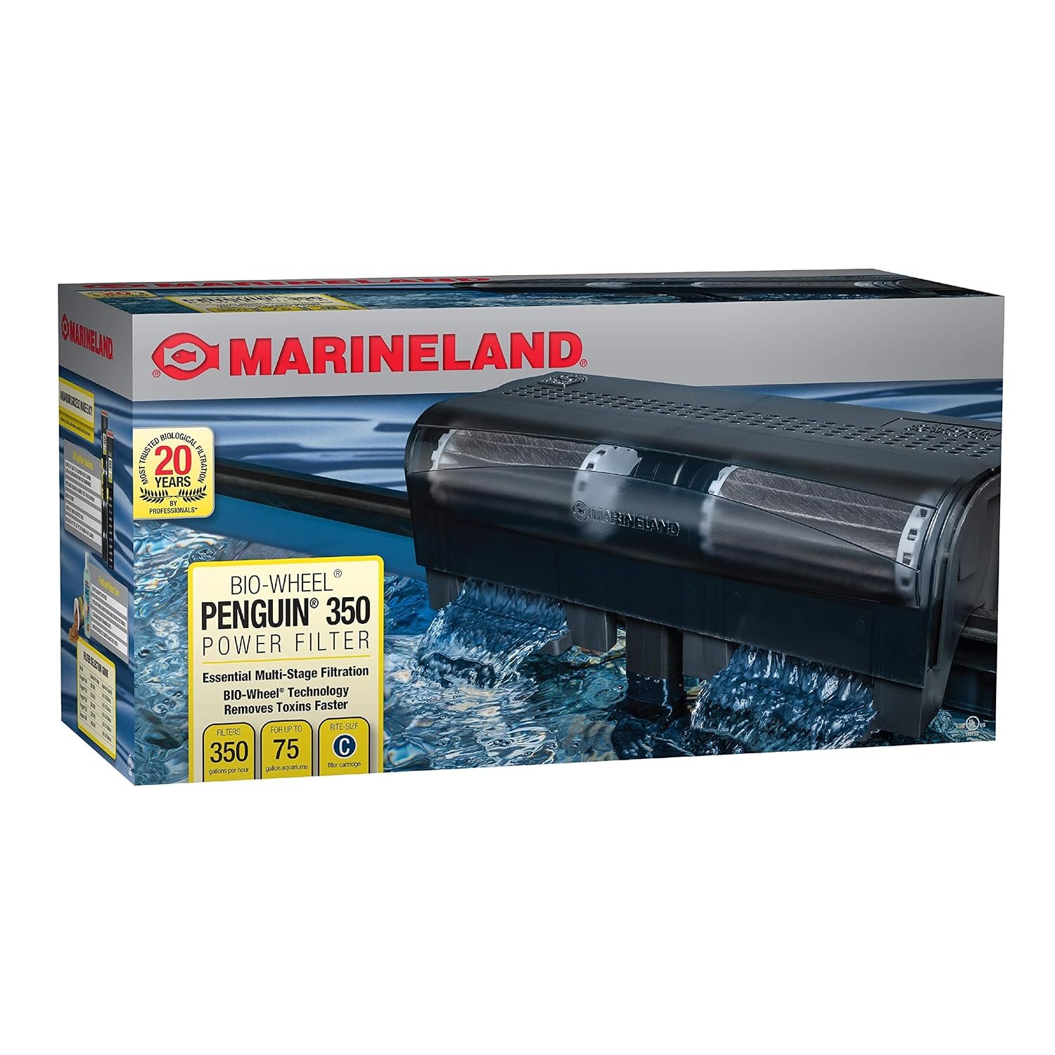 Marineland Bio-Wheel Penguin 350 GPH Power Aquarium Filter, Ultra-Quiet Hang-On-Back Fish Tank Filter with Multi-Stage Filtration for Aquariums Up to 60 Gallons