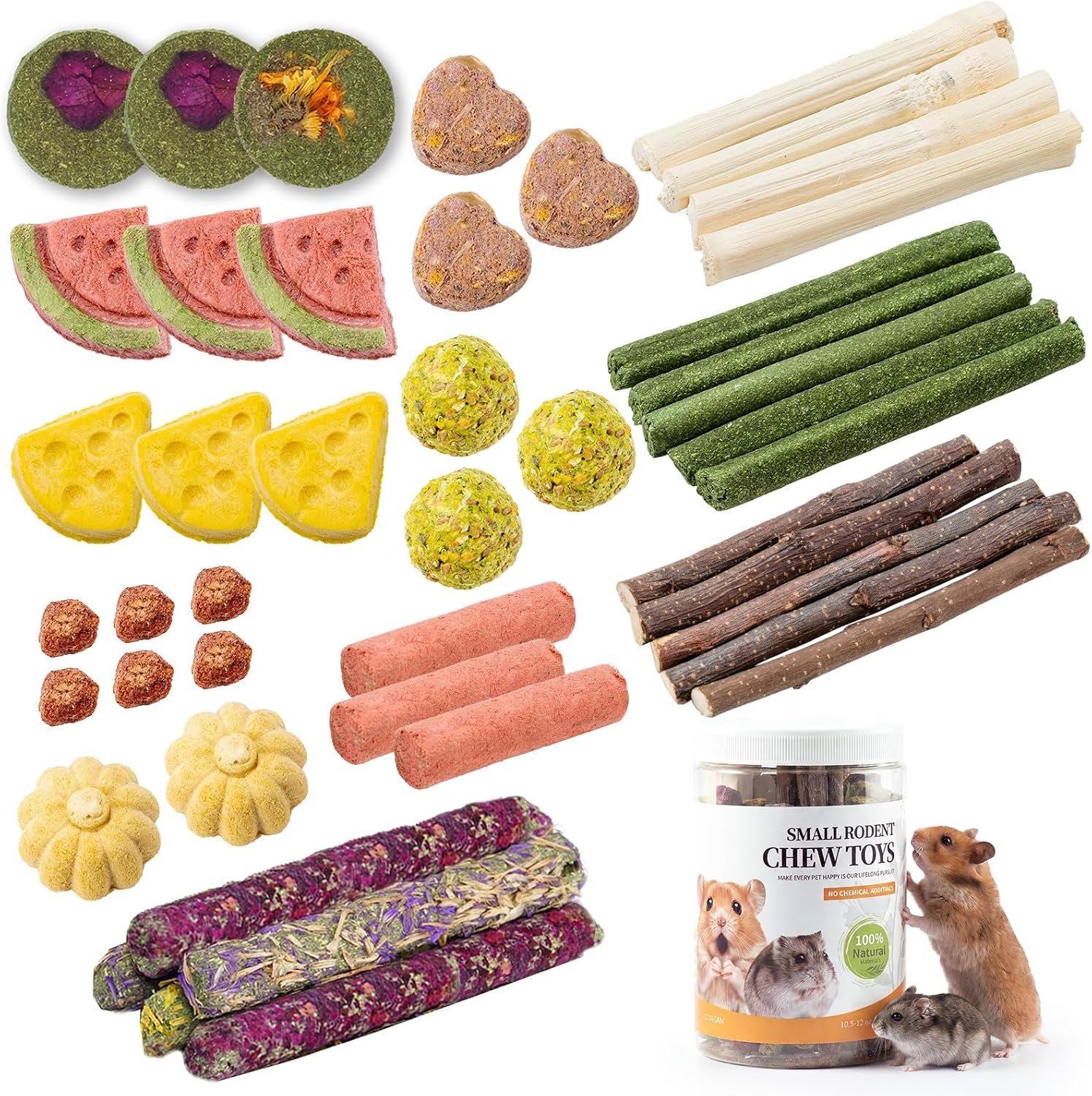 45 PCS Hamster Chew Toys, Natural Boredom Relief and Teeth Trimming Toys to Prevent Dental Overgrowth and Relieve Stress, for Syrian Dwarf Hamsters, Fancy Rats, Mice, Gerbils, Omnivorous Pocket Pets
