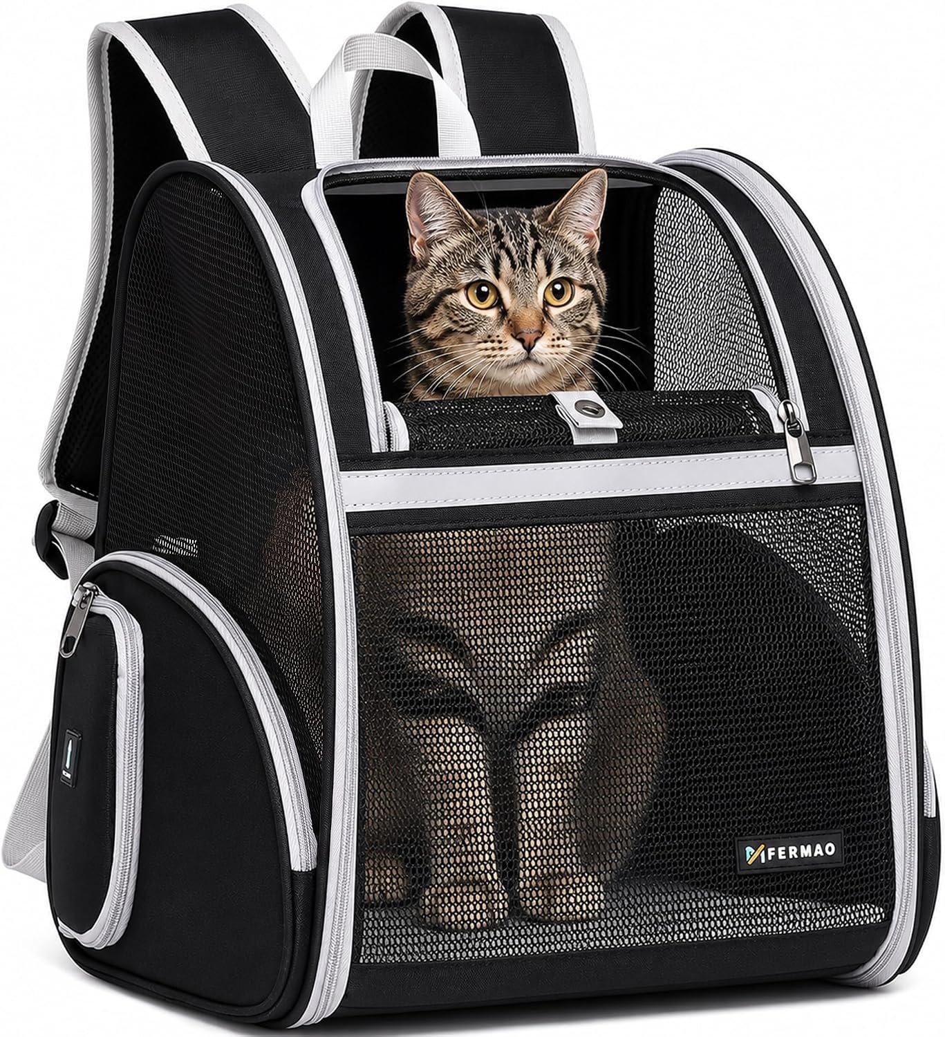 Cat Backpack Carrier for Small Dogs and Medium cat Puppy Kitten Bunny Pet Carrier Backpack Collapsible with Fully Ventilated Mesh with Safety Leash (Black, 12.9″ L x 10.62″ W x 15.5″ H – M)