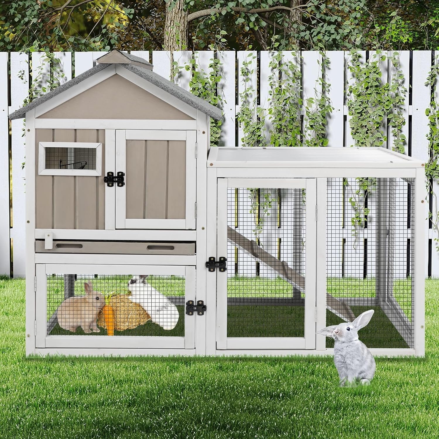 Ketive 48″ L 2-Story Rabbit Hutch, Chew-Resistant Ramp, Expandable | Wooden Bunny Cage, Guinea Pig Cage with Deep Pull-Out Tray and Roof Panel for Small Animals, Indoor and Outdoor Use