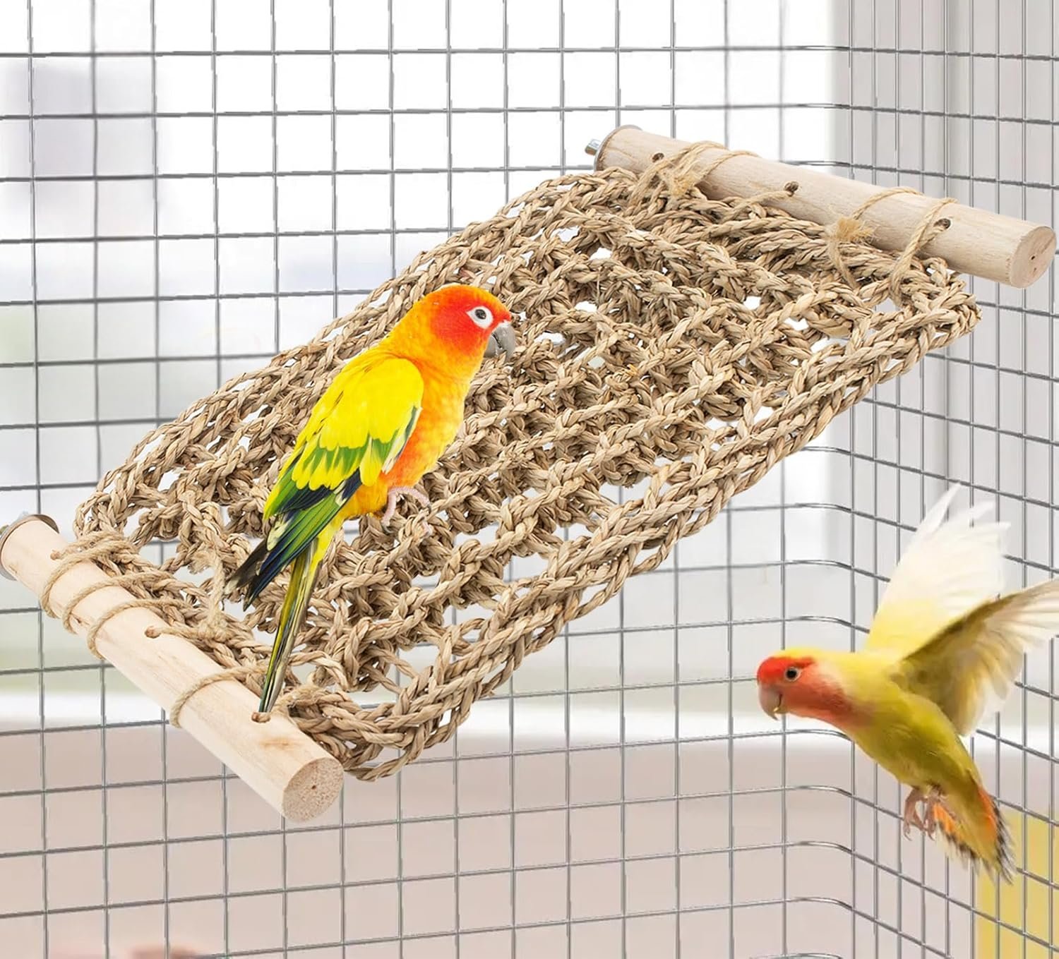 FlidRunest Conure Ladder Perch for Cage, Bird Seagrass Ladder Bridge Exercise Stands, Natural Hand-Woven Parrot Net Climbing Chewing Hammock, Cage Accessories
