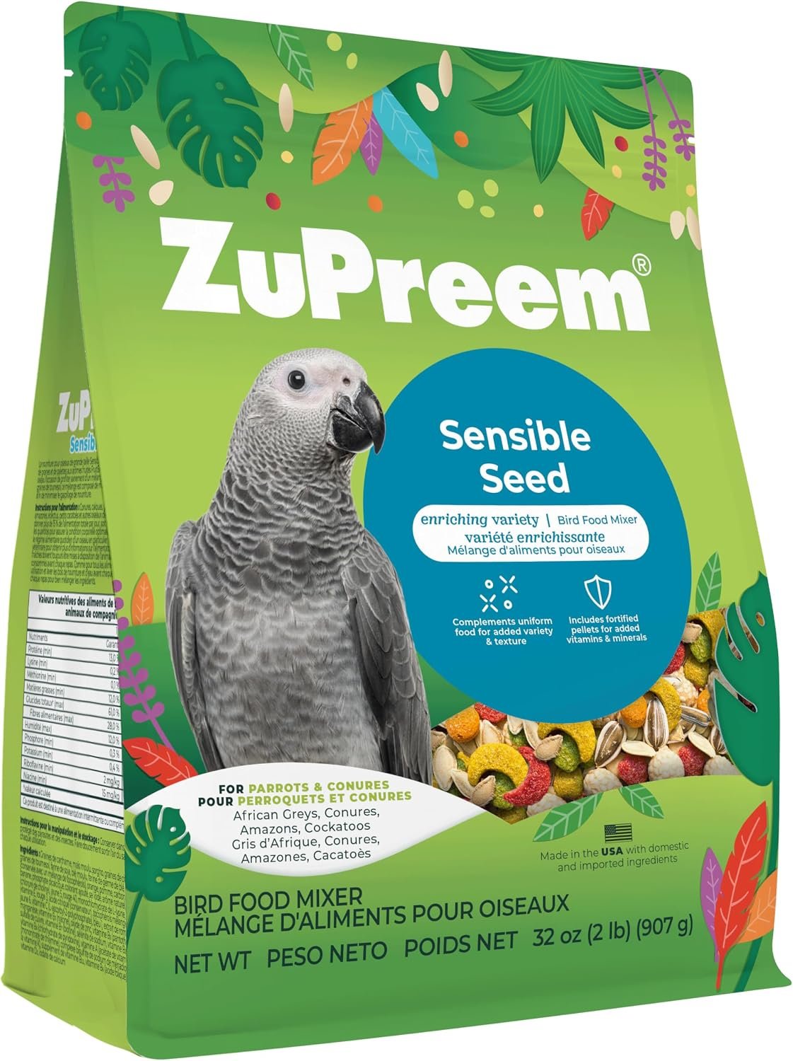 ZuPreem Sensible Seed Parrot & Conure Food, Variety Mixer, M/L, 2 lb | Bird Food Mixer, Parrot Food, Conure, Cockatoo, African Grey, Caique, Eclectus, Pellet Mix, Pumpkin Seeds, Safflower