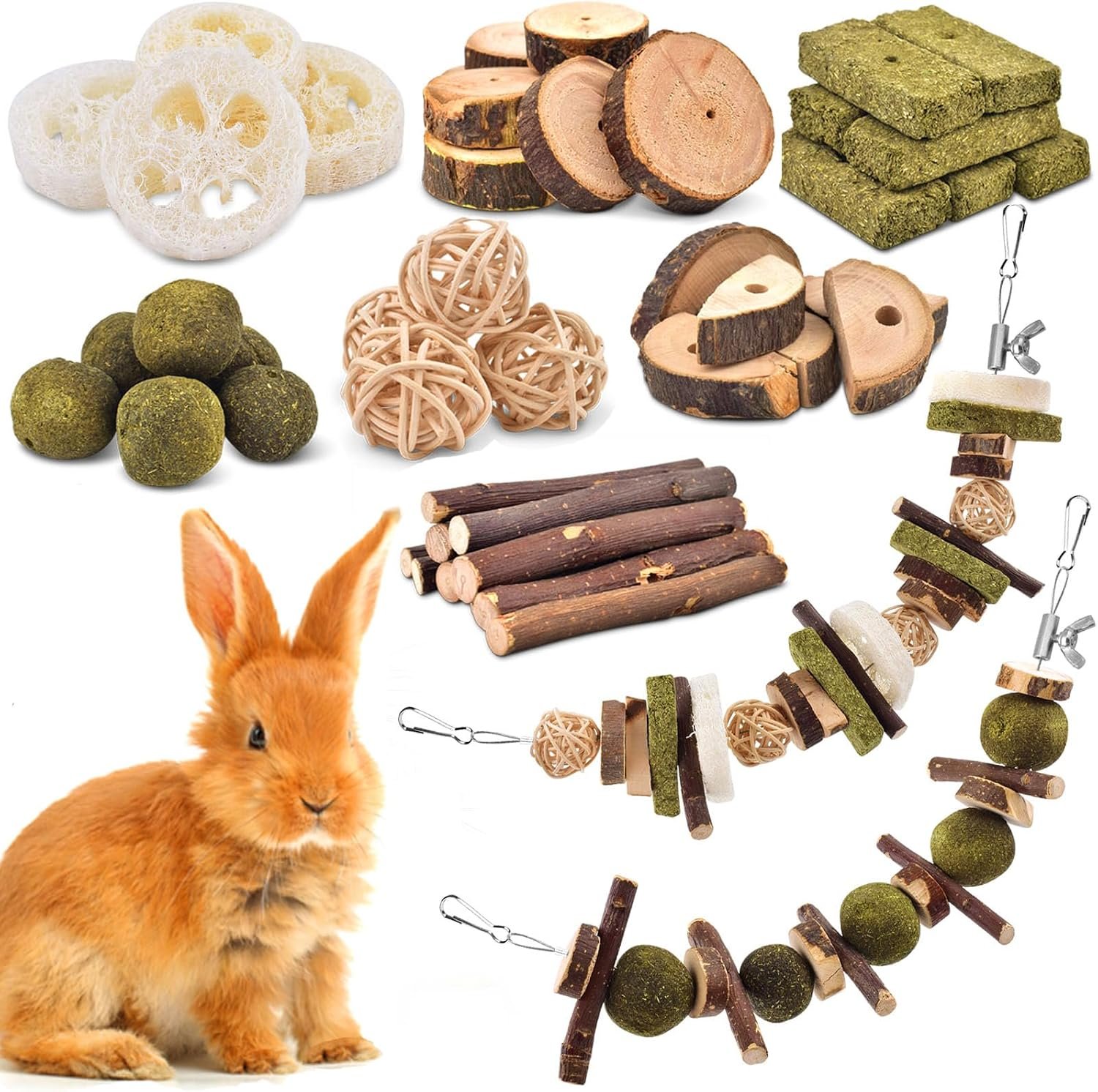KATUMO Rabbit Chew Toys, Bunny Toys Apple Wood Grass Timothy Treat | 74PCS DIY Hamster Chew Kit Bunny Teeth Care Molar Toys, Ideal for Rabbit, Guinea Pig, Chinchilla, Hamster, Squirrel, Gerbils