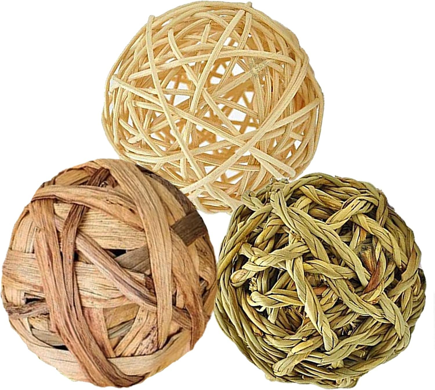 SunGrow 3 Pack Rabbit Chew Ball, Assorted Grass Teething Toy for Small Pocket Pet, Dental Wear Support, Boredom Relief Activity, Safe Woven Treat Enrichment for Bunny Guinea Pig Hamster Rat