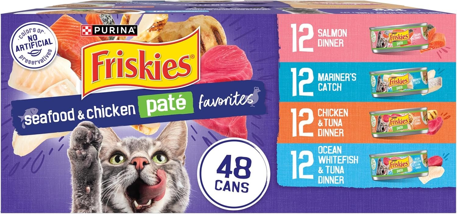 Purina Friskies Pate Variety Pack Seafood Chicken Cat Food, 48 Ct, 5.5 oz | Smooth pate texture in seafood and chicken flavors delivers complete balanced nutrition, supports weight management