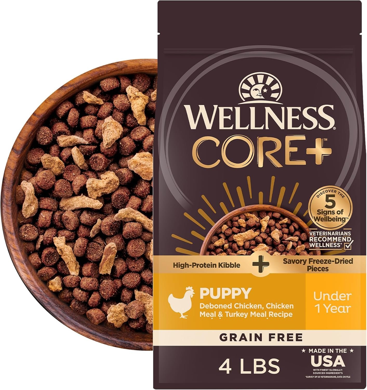 Wellness CORE+ Puppy Dry Dog Food with Freeze Dried Pieces, Grain Free Kibble+, Natural, High Protein, Chicken and Turkey Recipe, 4 lb Bag