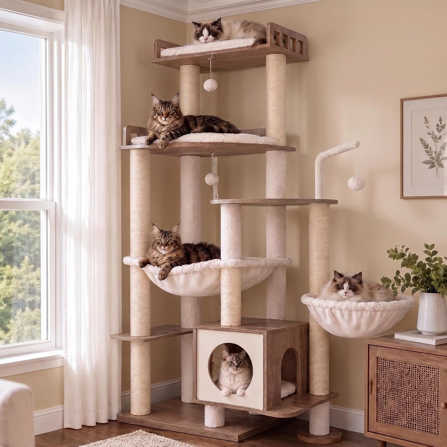 Heybly Cat Tree, 70.5″ Wood Tall Cat Tower for Large Indoor Cats HCT121SG | Modern Cat Furniture with Extra Stable Structure, All-Sisal Scratching Posts, Cat Condo & Hammocks, Smoky Gray
