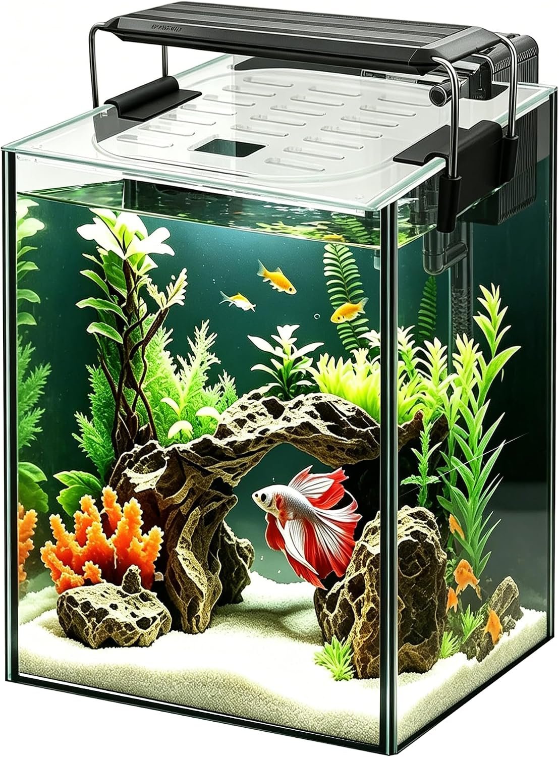 Glass Aquarium Starter Kits 1.5 Gallon Small Fish Tank, Betta Fish Tank for Home Office Deco, with LED Light, Power Filter, 4mm Glass, Black