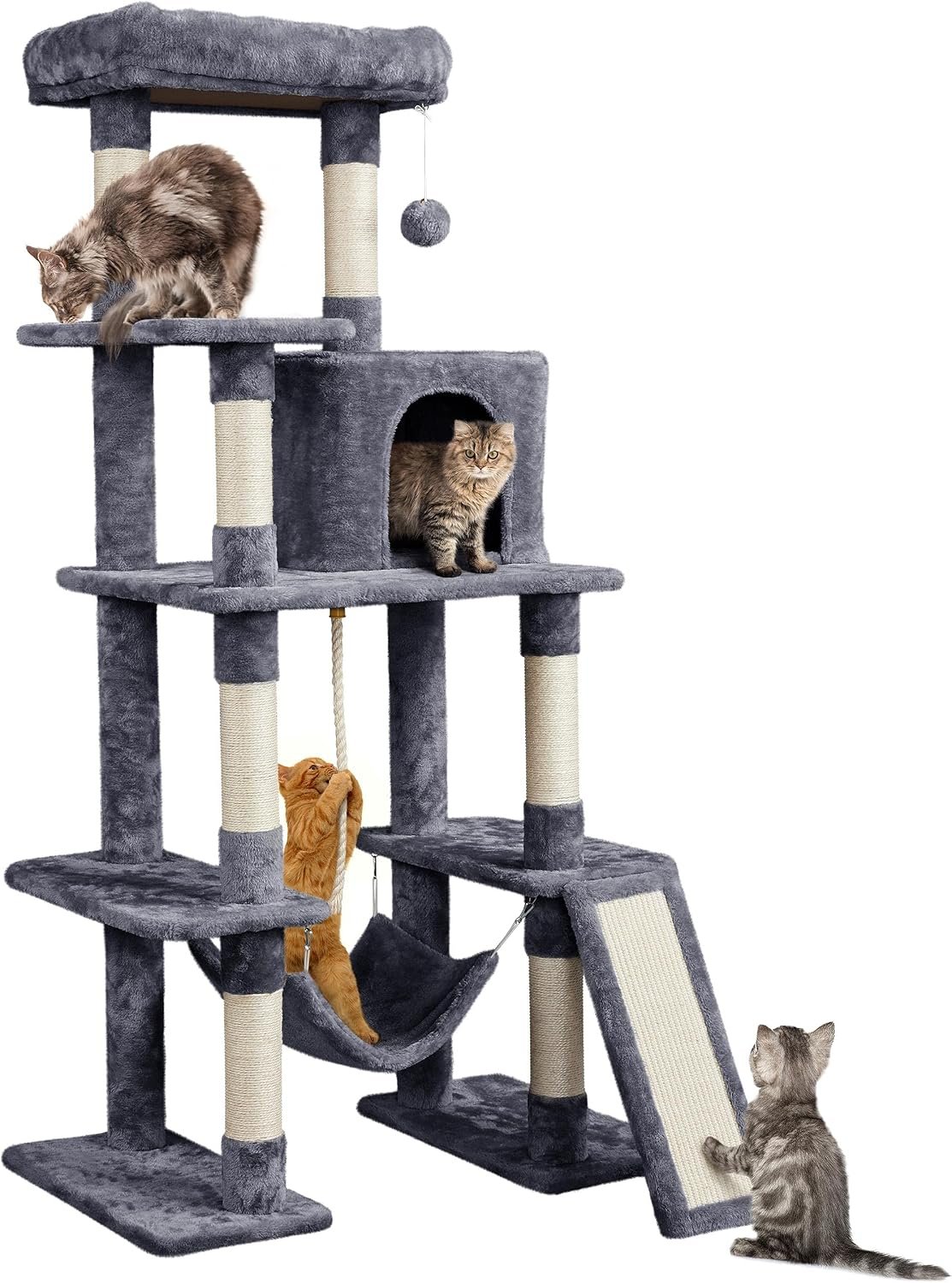 Yaheetech 63in Sturdy Large Cat Tree for Indoor Heavy Cats, Tall Tower | Plush condo, hammock, sisal scratching posts, multi-pet friendly, easy to assemble, stable wide base