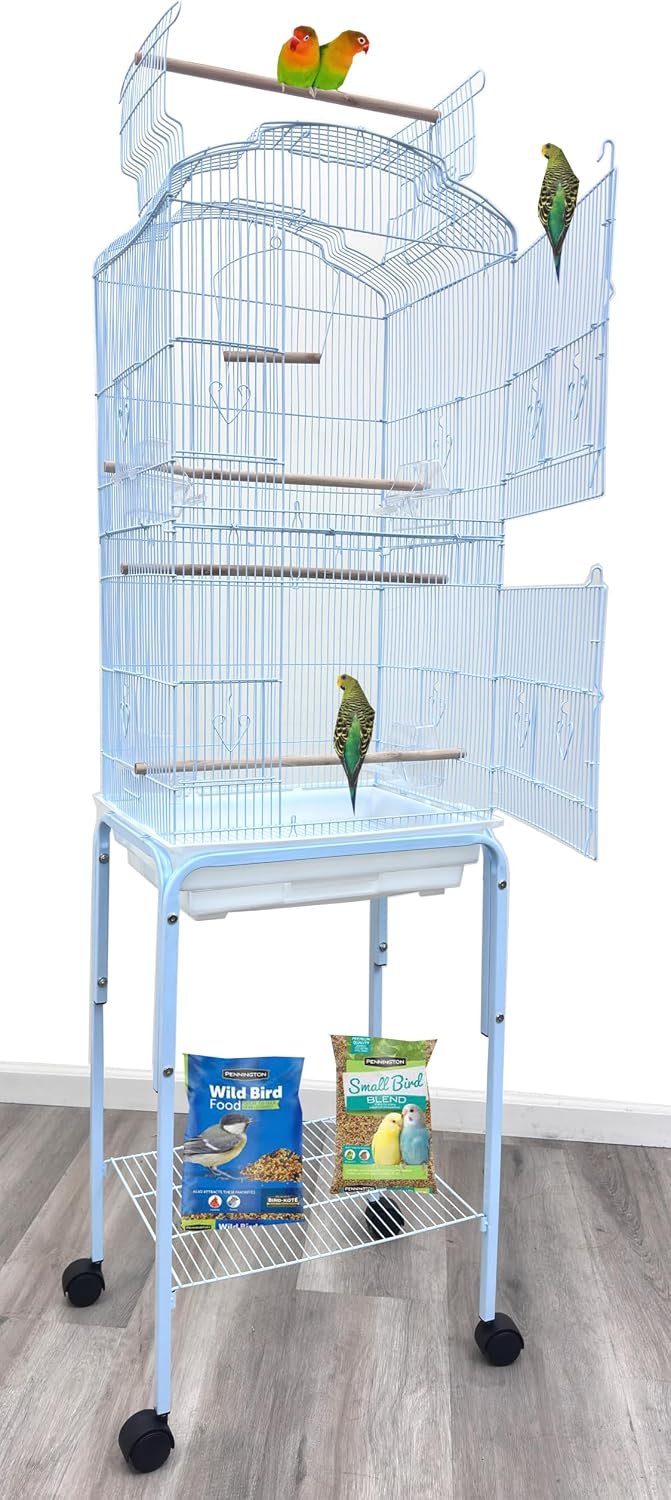 Large Open/Close Top Bird Cage Side Breeding Nest Box Doors Easy Clean Pull Out Tray Clear Feeder Cups for Canary Parakeet Cockatiel Lovebird Finches with Removable Rolling Stand
