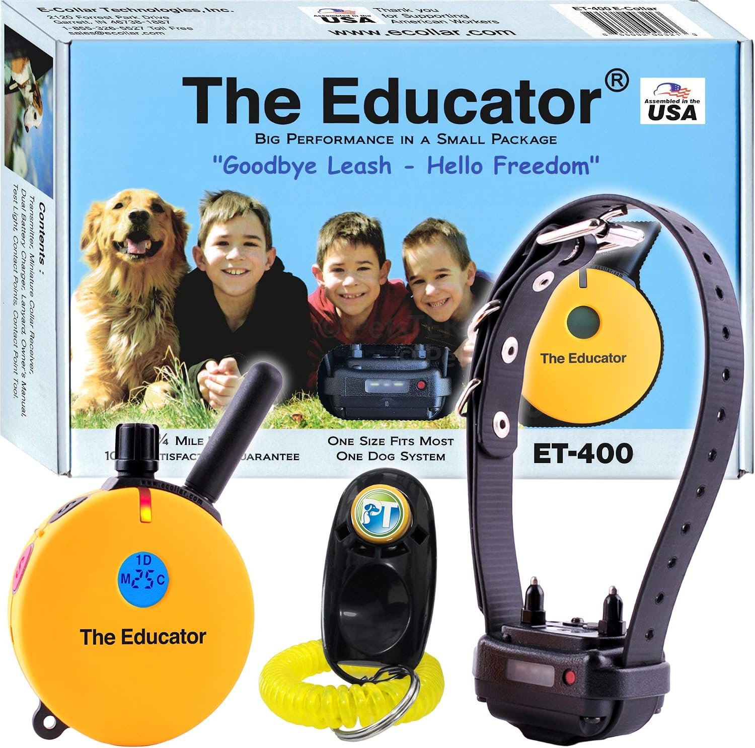 Educator ET-400 E Collar for Dog Training with Remote – 3/4 Mile Range, Waterproof, 100 Blunt Stimulation Levels, Tone or Vibration Mode, Night Tracking Light for Small, Medium & Large Dogs