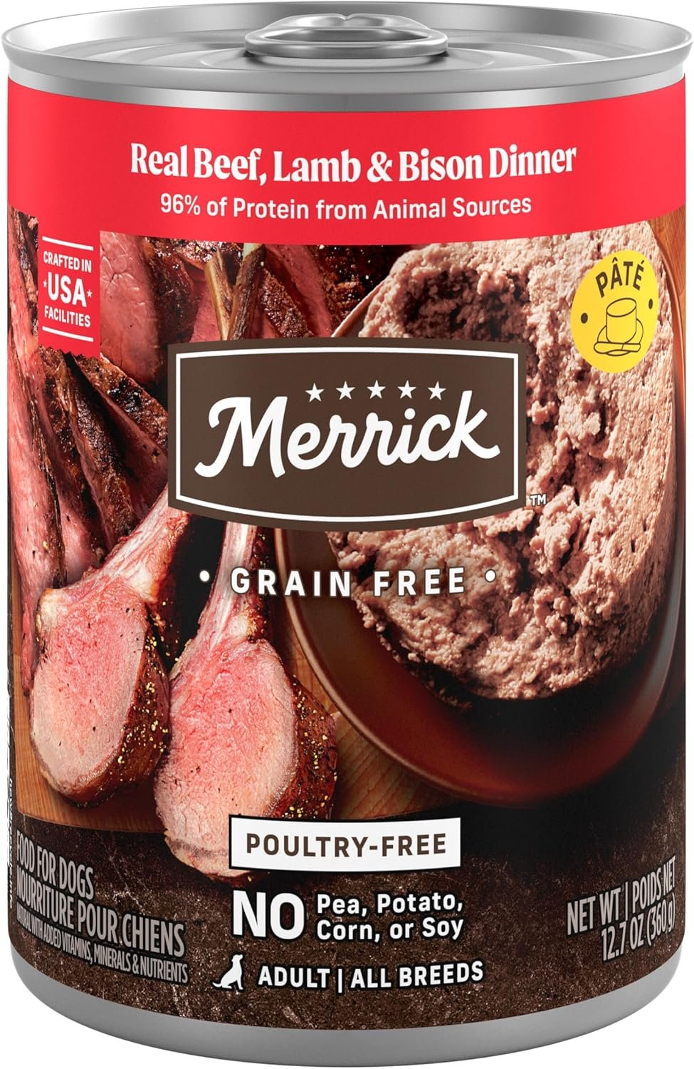 Merrick Grain Free Canned Dog Food, Beef Lamb Bison, 12.7 oz, Pack of 12 | Premium pate crafted without poultry, corn, or wheat; natural beef, lamb, and bison recipe with added vitamins and minerals