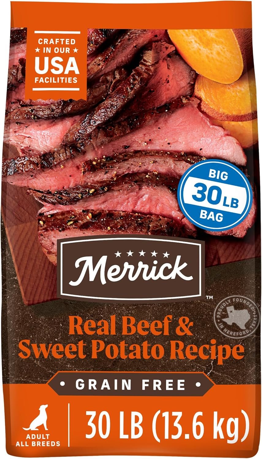 Merrick Premium Grain Free Dry Adult Dog Food, Wholesome And Natural Kibble, Real Texas Beef And Sweet Potato – 30.0 lb. Bag