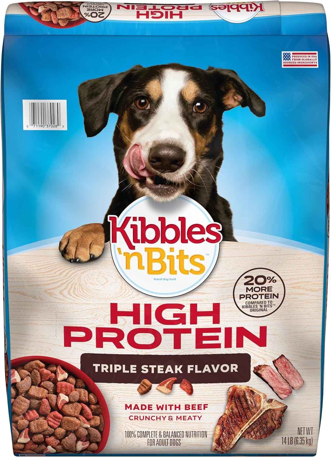 Kibbles ‘n Bits Triple Steak Flavor Dry High Protein Dog Food, 14 lb. Bag | 20% More Protein, Complete & Balanced Nutrition Formulated For Adult Dogs, Crunchy Kibbles And Meaty Bits