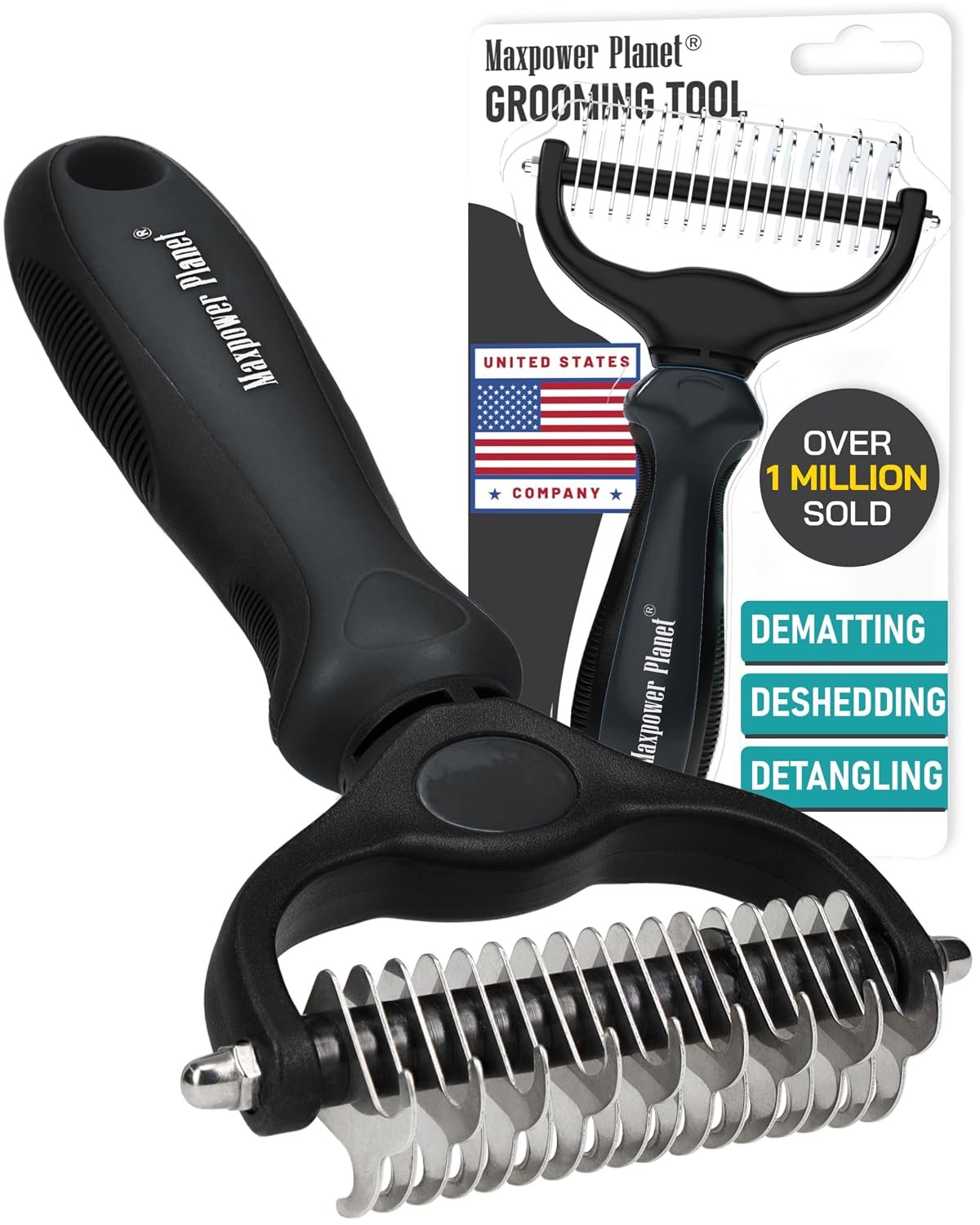 Maxpower Planet Hair Brush – Double Sided Shedding, Dematting Undercoat Rake for Dogs and Cats, Extra Wide Dog Grooming Brush, Reduce Shedding by 95%, Black