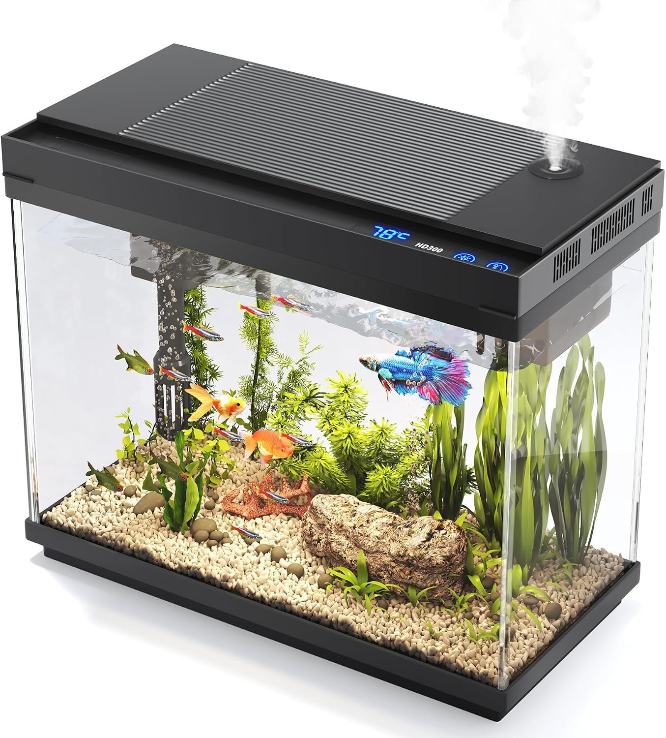 Vehipa Fish Tank, 2.4-Gallon Aquarium Starter Kit with 3-in-1 Quiet Pump | Smart Humidifier, Temp Display, 7-Color LED, Filter, Aeration & Circulation