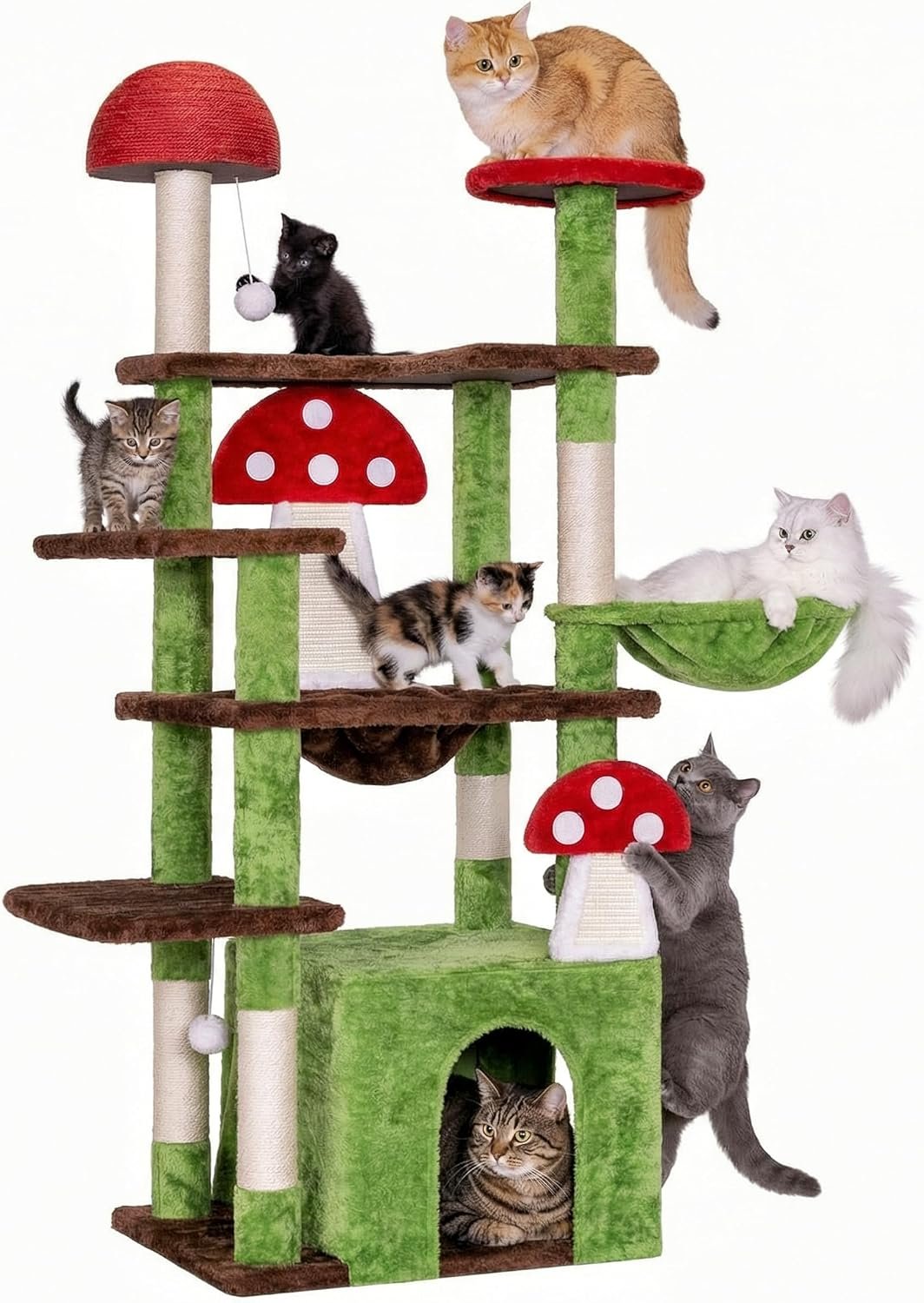 IRONCK Mushroom Cat Tree for Indoor Cats, 58″ Multi-Level Cat Tower with Scratching Posts, Anti-Tip Extra Wide Base, Plush Cat Condo & Hammock Furniture for Cats, Easy Assembly
