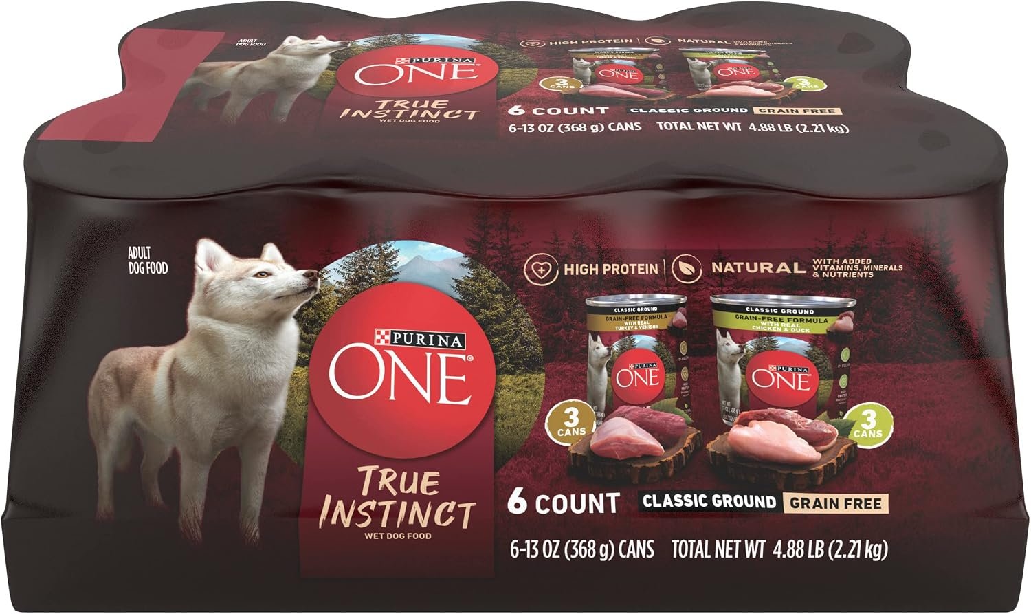 Purina ONE True Instinct Grain Free Wet Dog Food Variety Pack, (6) 13 oz | Classic Ground With Real Chicken & Duck and Real Turkey & Venison recipes, high protein recipe with zero fillers