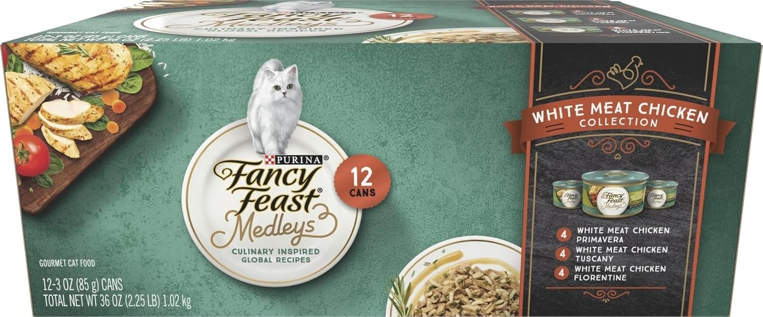 Purina Fancy Feast Wet Cat Food Variety Pack, Medleys White Meat Chicken in Sauce Collection – (Pack of 12) 3 oz. Cans | Variety Pack of tasty White Meat Chicken Florentine, Tuscany and Primavera recipes, 100 percent complete and balanced