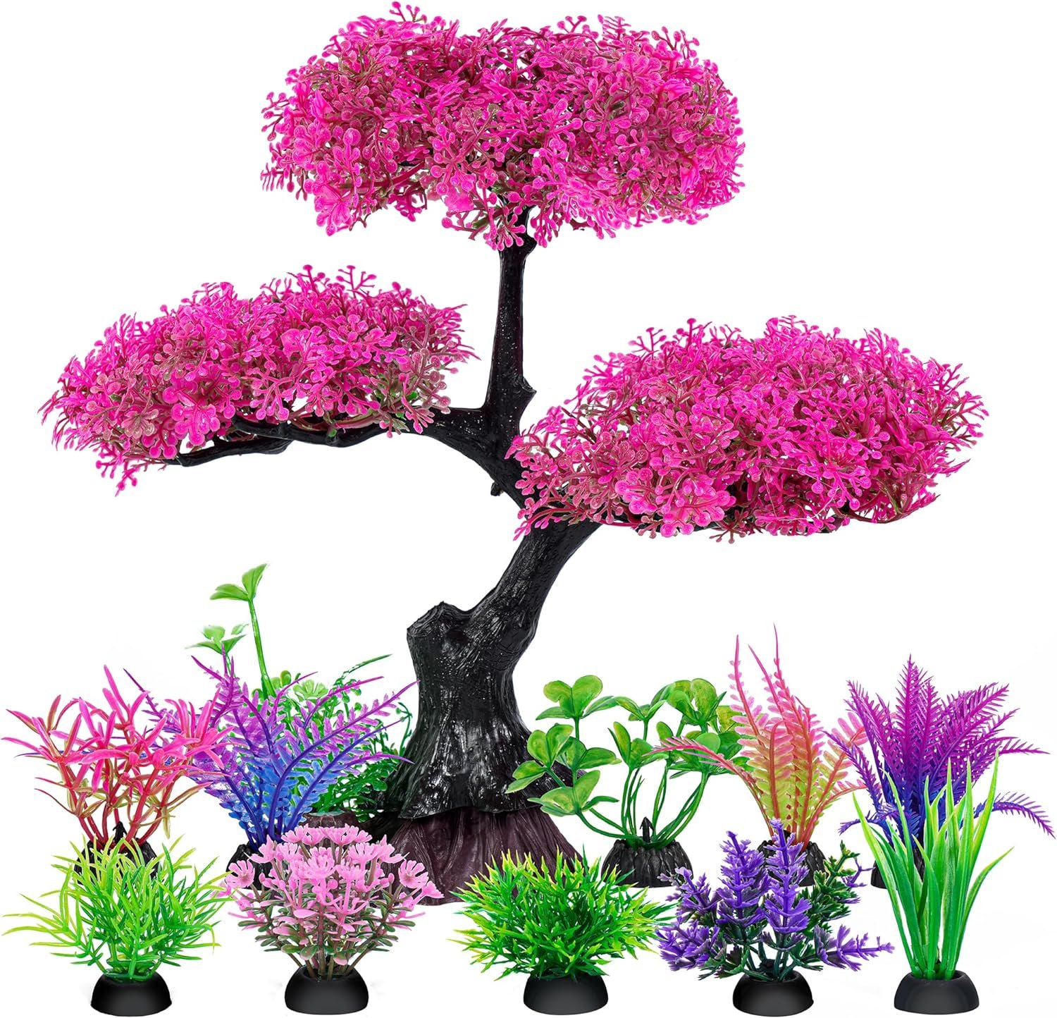 Ameliade Pink Artificial Plastic Tree Aquarium Plants Decor Set, 11PCS