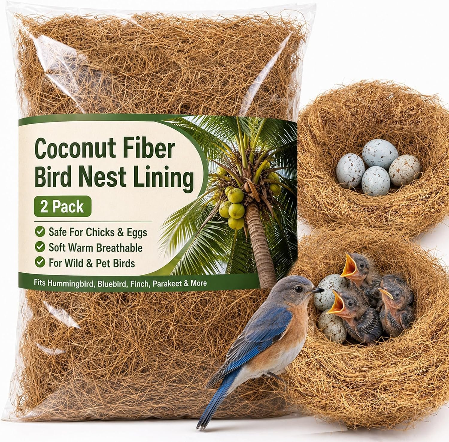 Sukh 2PCS Coconut Fiber for Bird Nest – Bird Nest Bedding for Hummingbird Finch