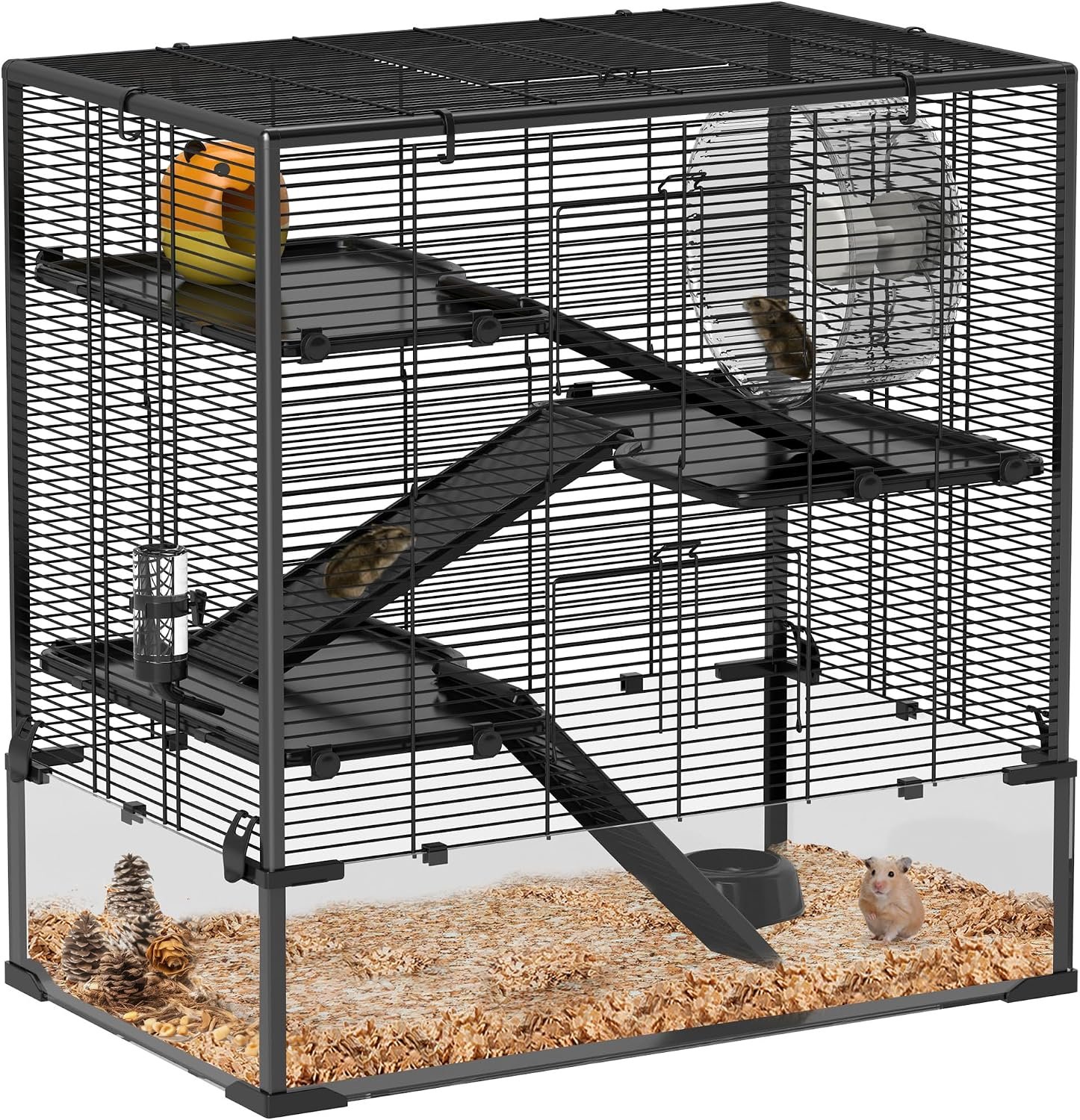 PawHut Large Hamster Cage with 9″ Deep Tempered Glass Bottom, 4 Tiers Hamster Tank with Running Wheel, Hut, Water Bottle, Dish, Rat Cage for Syrian, Dwarf, Gerbils, Mouse, 31″ x 19″ x 31.5″, Black | 4 Tiers Hamster Tank, Running Wheel, Hut, Water Bottle, Dish, Rat Cage for Syrian, Dwarf, Gerbils, Mouse