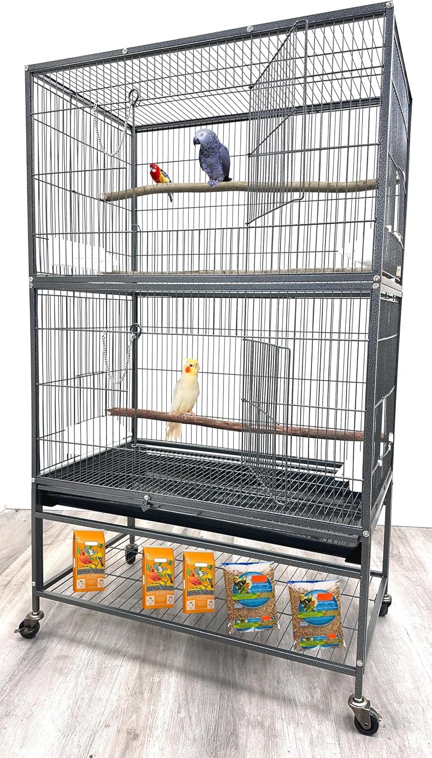 X-Large Sturdy Wrought Iron Breeding Flights Canary Parakeet Cockatiel African Grey Lovebird Finches Parrot Home Cage Double Large Front Doors 4 Side Doors Bottom Storage Shelf On Lockable Wheels