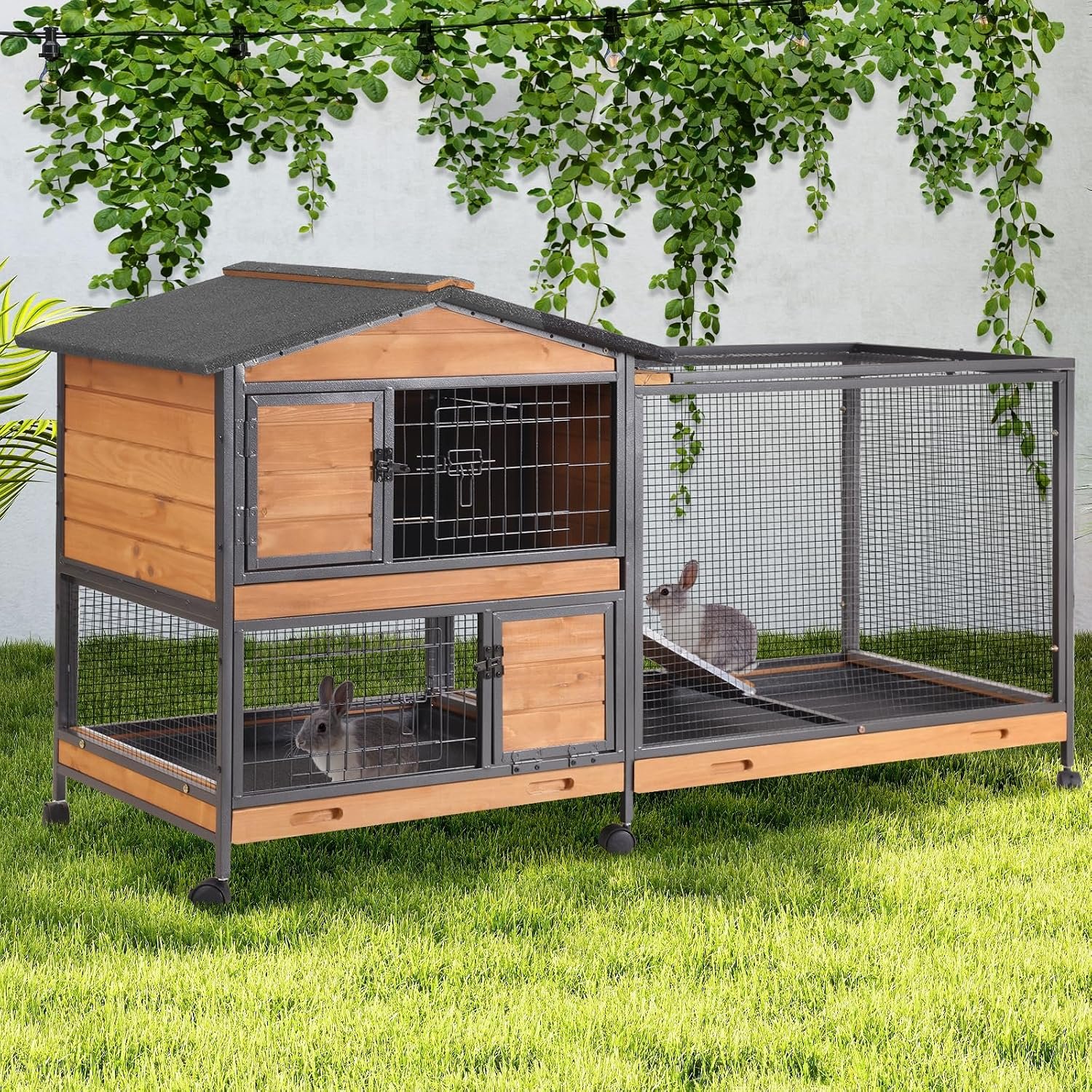 GUTINNEEN 2-Story Rabbit Hutch with Chew-Proof Full Metal Frame for Indoor/Outdoor – 62″ Bunny Cage with 6 Locking Casters & 2 Pull-Out Trays for Rabbits, Guinea Pigs, Small Pets (Brown)