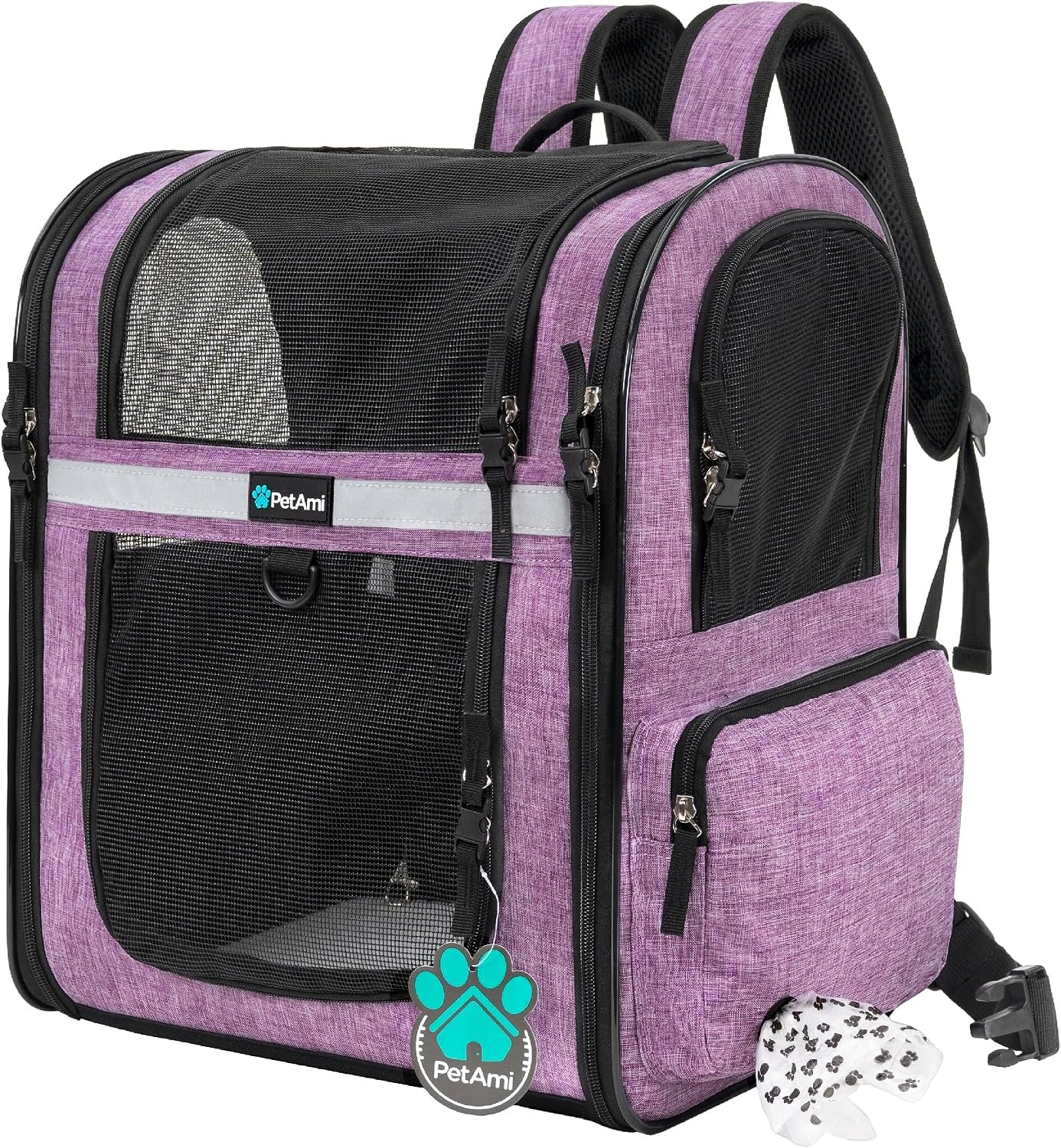 PetAmi Dog Backpack Carrier, 4-Way Entry Ventilated, 18 lbs, Purple