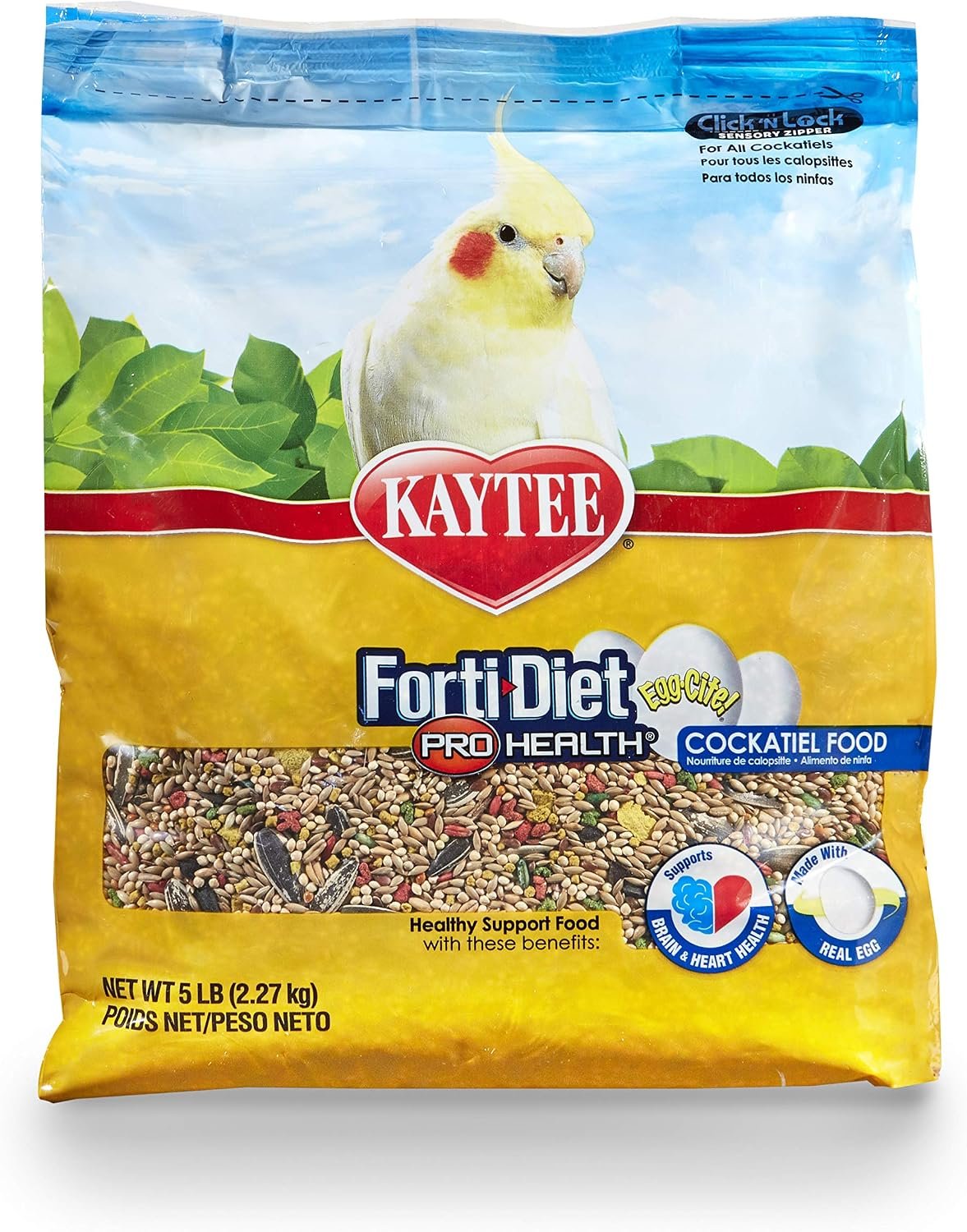 Kaytee Forti-Diet Egg-Cite Pet Cockatiel Bird Food, 5 Pound | Supports feather health. Cockatiel food with real egg. Omega 3s, probiotics, cockatiel seed