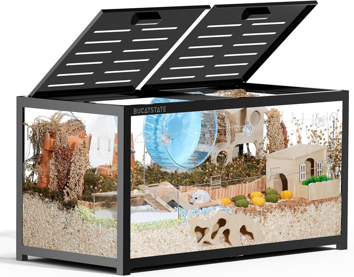 BUCATSTATE Hamster Cage 3.0, Large Hamster Enclosure (39in, Black) | 5.4 ft² Small Animal Habitat with Deep Bedding Space for Hamster Enrichment, Stackable Aluminum Frame, Front & Top Access