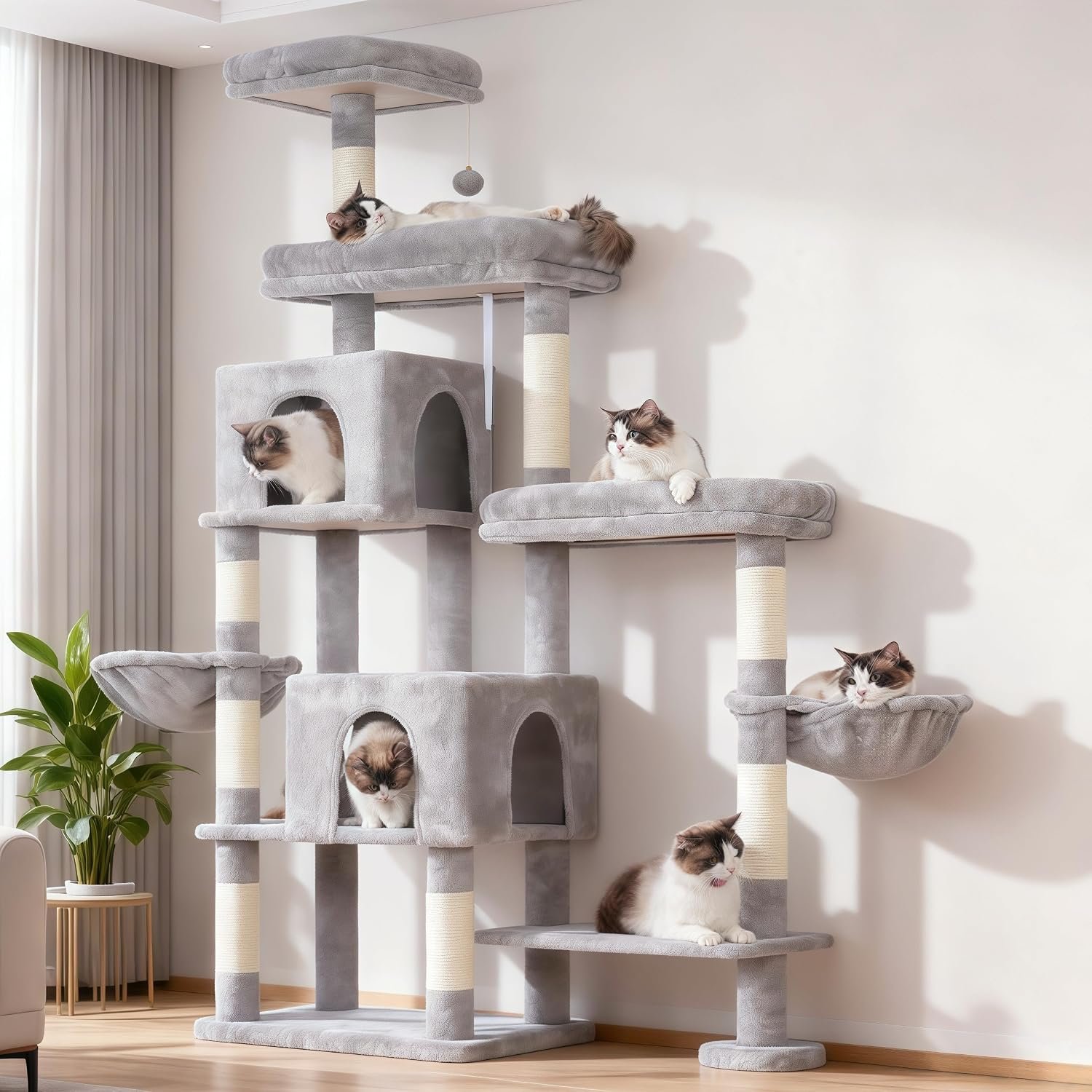 Hey-brother Cat Tree Tower with Stable Extended Base, 3 Platforms, MPJ038W | 70.9 Inches Multi-Level Sisal Scratching Posts, Wide Bed, 2 Cozy Condos, 2 Hammocks, Toy Balls for Indoor Cats, Light Gray