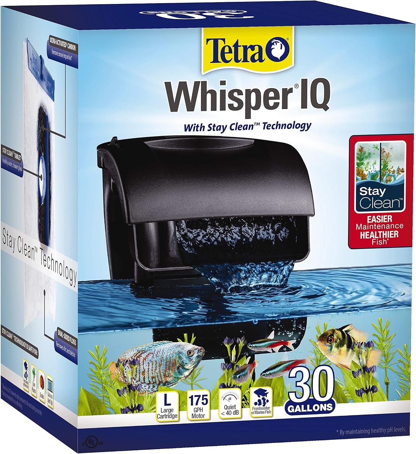 Tetra Whisper IQ Power Filter, 175 GPH, with Stay Clean Technology, 30 Gallons | For Fish Tanks Up To 30 Gallons, Whisper Quiet, Freshwater Or Marine Fish, Stay Clean Technology For Healthy pH Levels