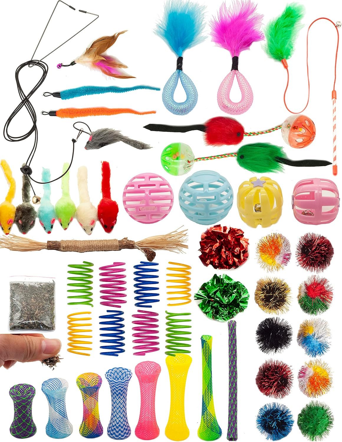 Fashion’s Talk Cat Toys 50 Pcs for Indoor Cats,Interactive Door Hanging Mice Feather Toy Cat Spring Toy Cat Wand Catnip Crinkle Balls Silvervine Stick