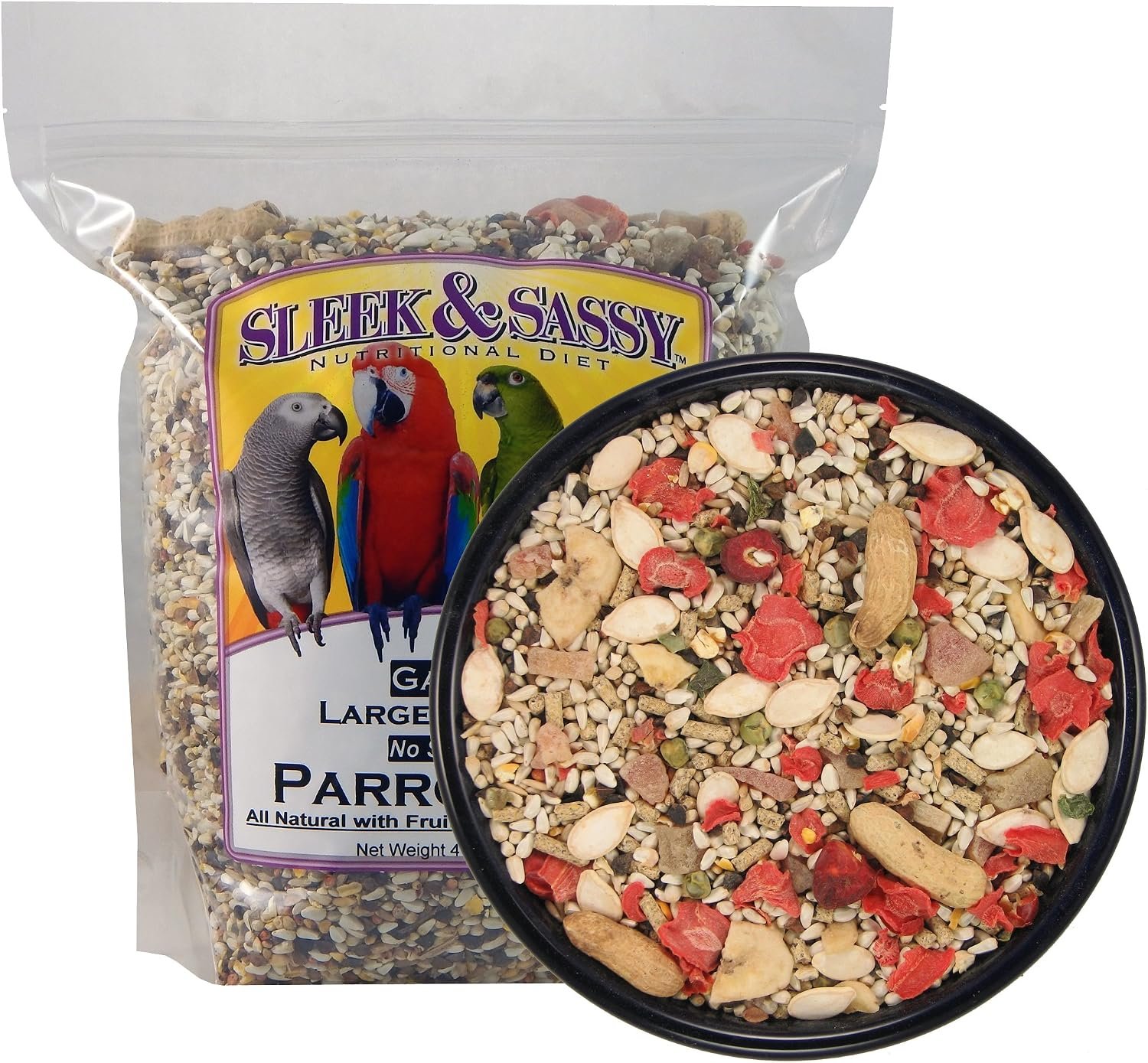 SLEEK & SASSY Garden Large Hookbill No Sunflower Parrot Food for Large Conures, Amazons, African Greys, Cockatoos, Pionus-Parrots & Small Macaws (4 lbs.)