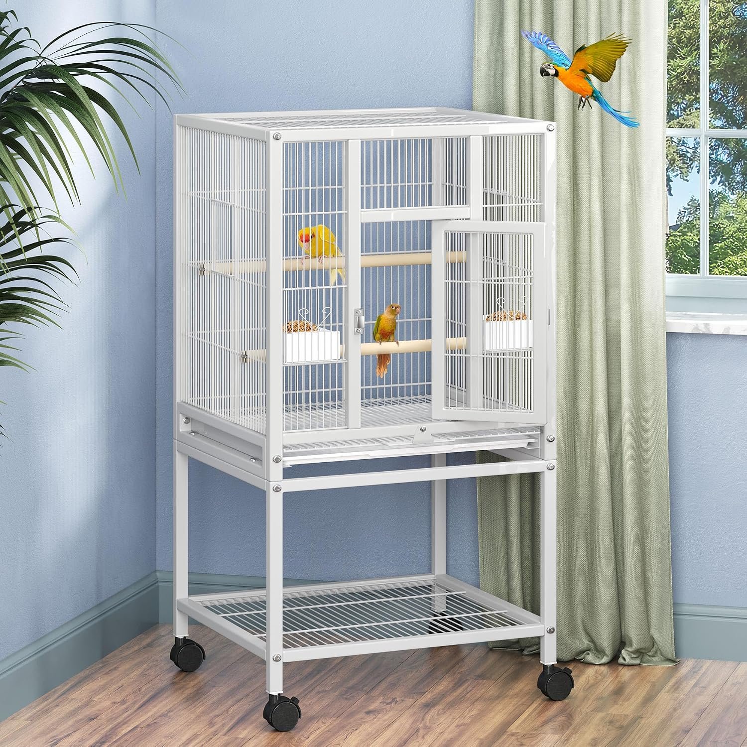 DWVO 41-inch Metal Bird Cage: Large Parrot Cages with Rolling Stand​ – Features Tray, Food Boxes & Wooden Perches for Parakeets, Lovebirds, Cockatiels, Finches and Pigeons, White