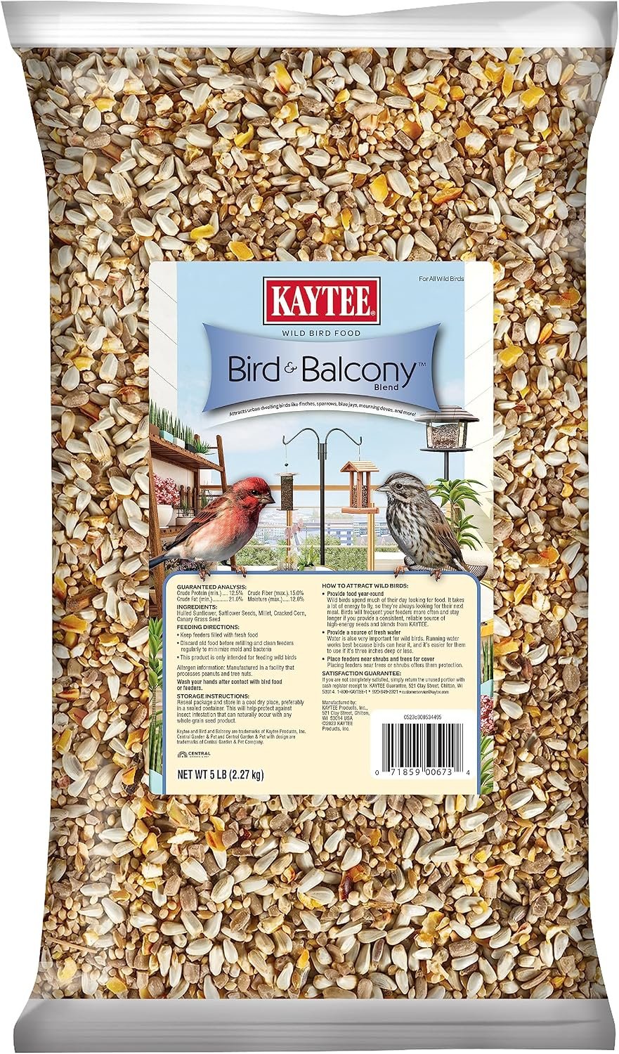 Kaytee Bird & Balcony Wild Bird Food No Mess Seed Blend for City Dwelling Birds Like Finches, Sparrows, Mourning Doves and More, 5 lb