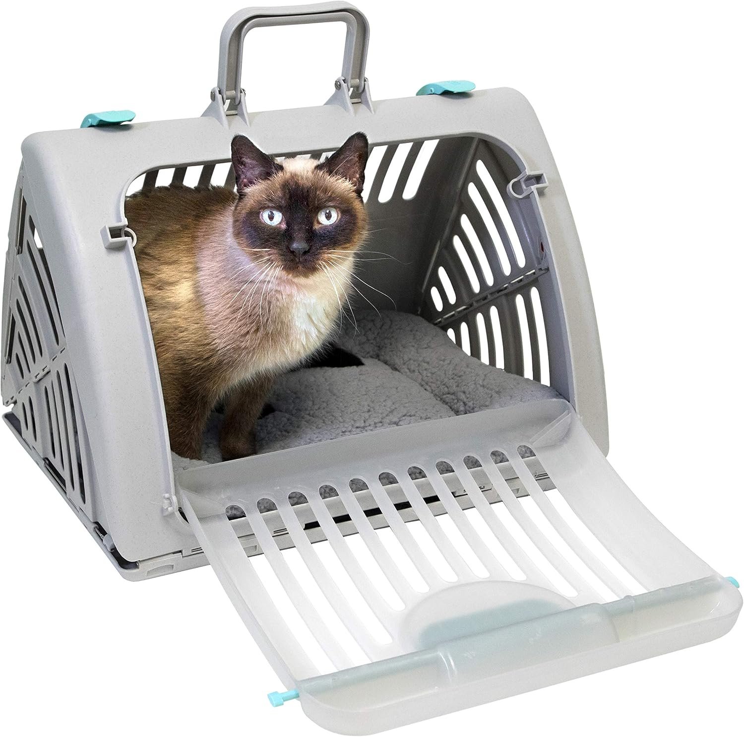 SportPet Large Hard-Sided Travel Cat Carrier – Cat Carrier with Patented Wide Side-Opening Door, Foldable Portable Pet Carrier with Removable Bed for Cats & Small Pets up to 25lbs – Gray