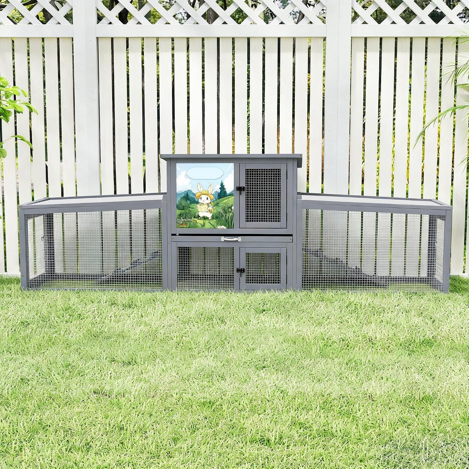 COZIWOW 95inches Extra Large Wood Rabbit Hutch Outdoor Easy to Assemble and Stable Bunny Cage Indoor with Cleaning Tray & Waterproof Roof for Small and Medium Bunny Rabbit Chick（Grey with Pattern）