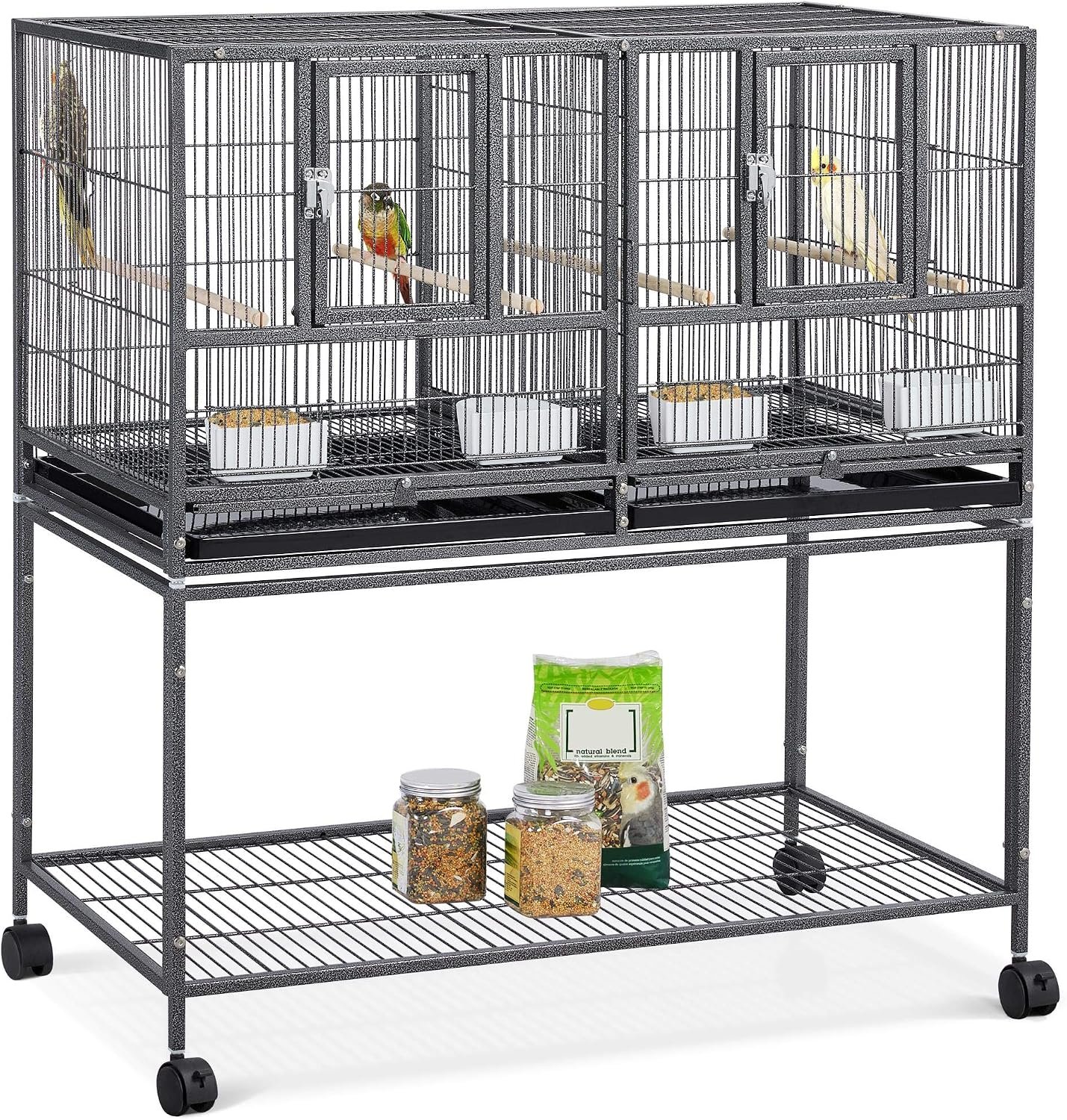 Yaheetech 41.5″ Stackable Divided Breeder Breeding Parakeet Bird Cage for Canaries Cockatiels Lovebirds Finches Budgies Small Parrots with Rolling Stand, Black