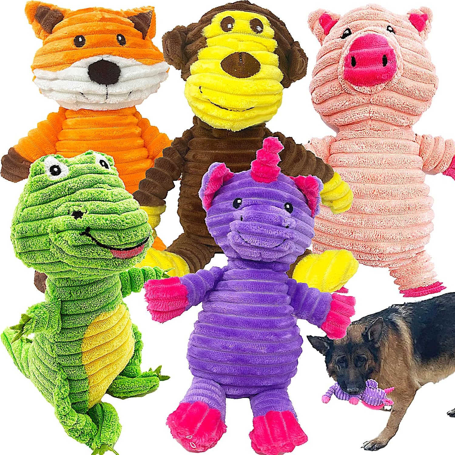 Jalousie Plush Toys Assortment Value Bundle Puppy Pet Mutt Squeak Toy for Medium Large Dogs (5 Pack Corduroy)
