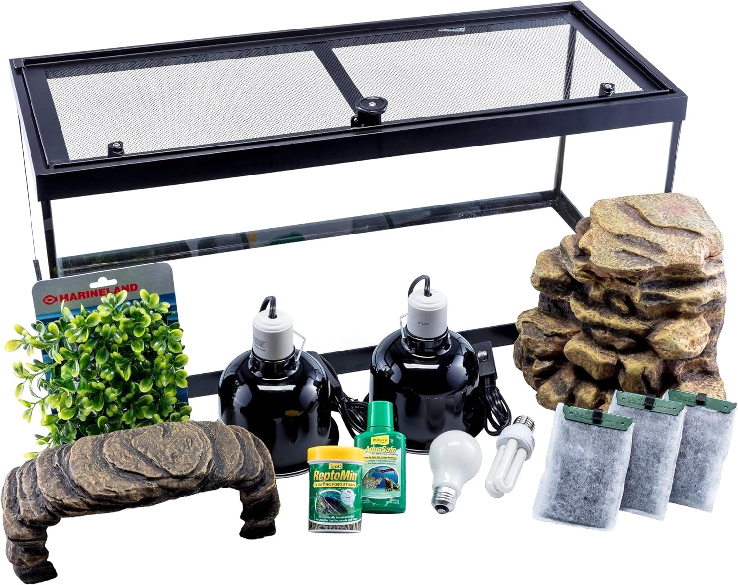 Tetra 20 Gallon Deluxe Aquarium Kit for Aquatic Turtles | Includes 2 Heat Lamps, 20 Gallon Glass Tank With Screen, Decorative Water Filter With Cartridges, Basking Platform, Plant